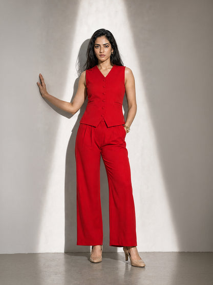 Exude Elusiveness Solid Wide Leg Trousers With Waist-Coat Top Co-ord (RED)