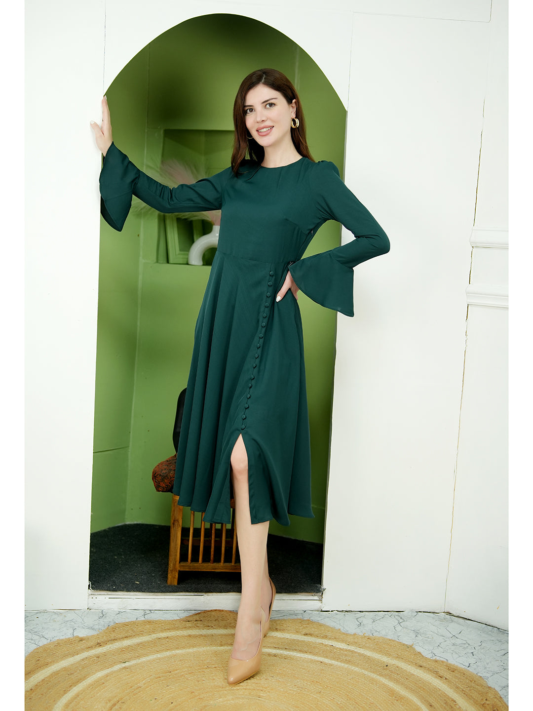 Exude Gleaming Fit & Flare Dress with Long Sleeves (Emerald Green) Exude Gleaming Fit & Flare Dress with Long Sleeves (Emerald Green)