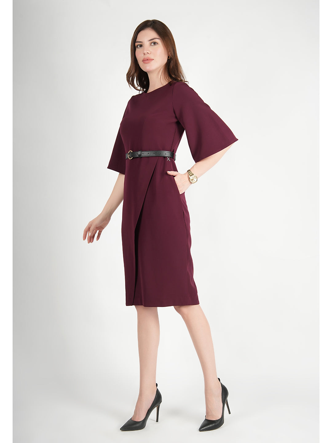 Exude Bliss Bell Sleeve Dress with Belt (Wine) Exude Bliss Bell Sleeve Dress with Belt (Wine)
