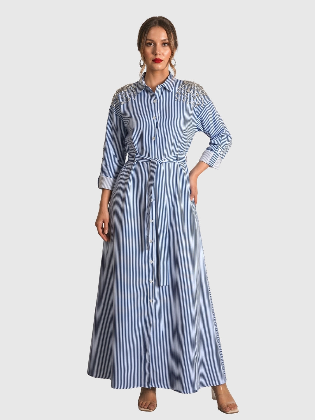 Exude Riviera Embellished Stripe Shirt Maxi Dress