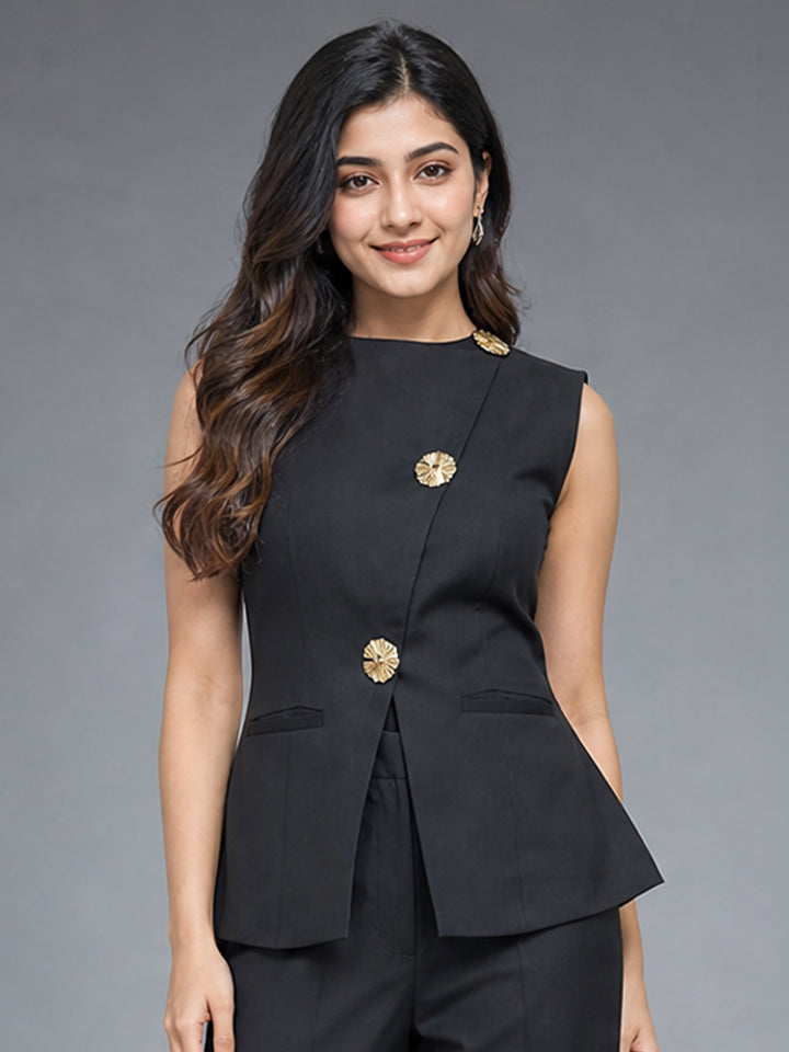 Black Sleeveless Asymmetric Waistcoat Top with Gold Button Detail