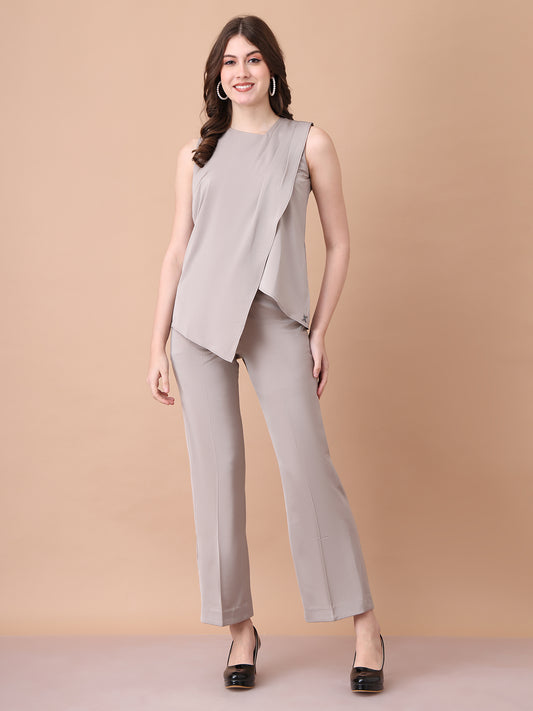 Exude Unbreakable Soft Matt Satin Overlay Sleeveless Top Paired With Straight Fit Trousers Light Beige Co-ord Sets