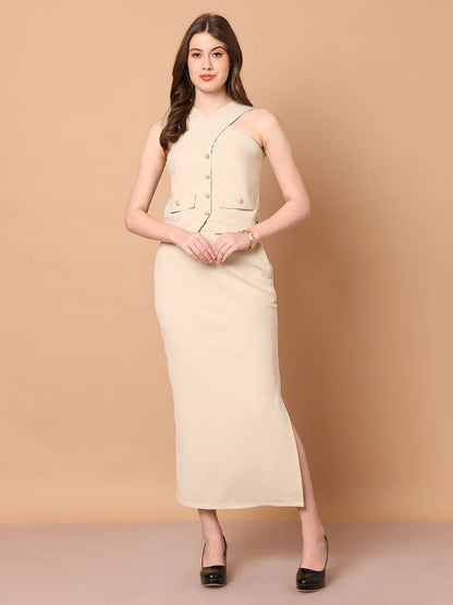 Exude Runway-Ready Long Skirt with Halter Top Beige Co-ord Sets