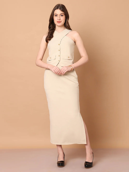 Exude Runway-Ready Long Skirt with Halter Top (Beige)