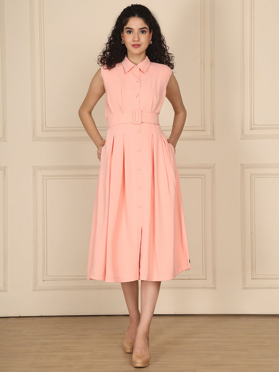 Exude Coral Belted Shirt Dress