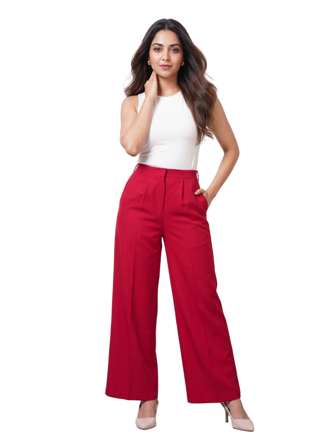 Red High-Waist Wide-Leg Trousers