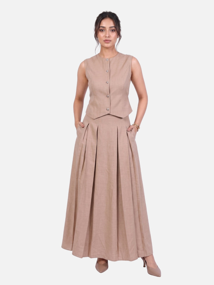 Beige Linen Pearl Button Vest & Pleated Maxi Skirt Co-ord Set
