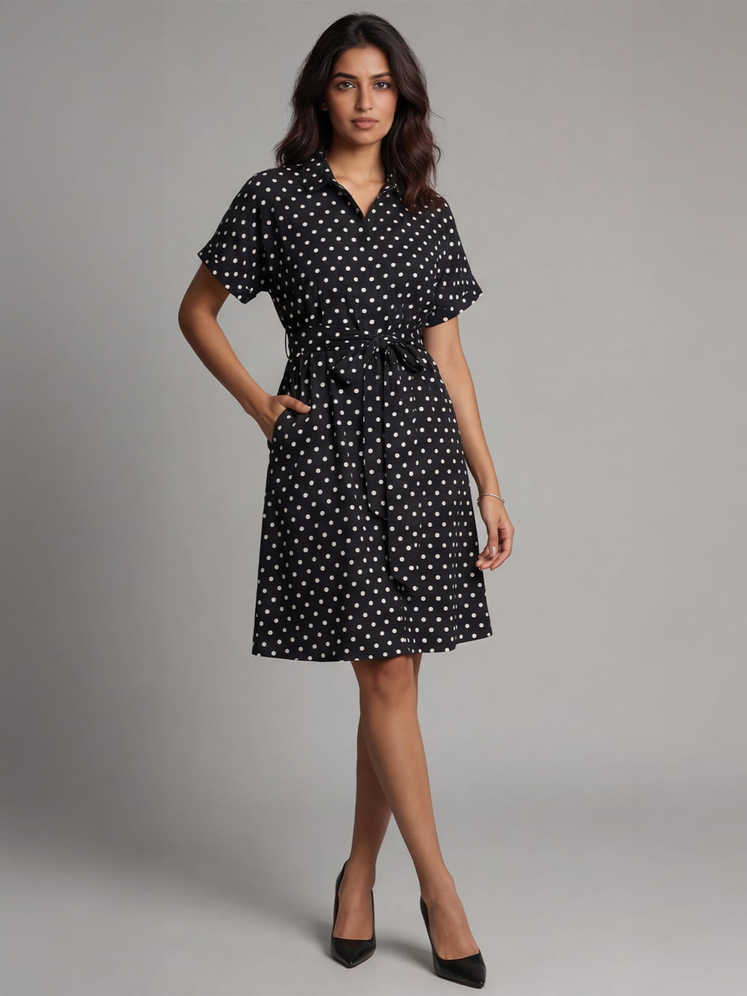 Exude Midnight Polka Tie knot dress