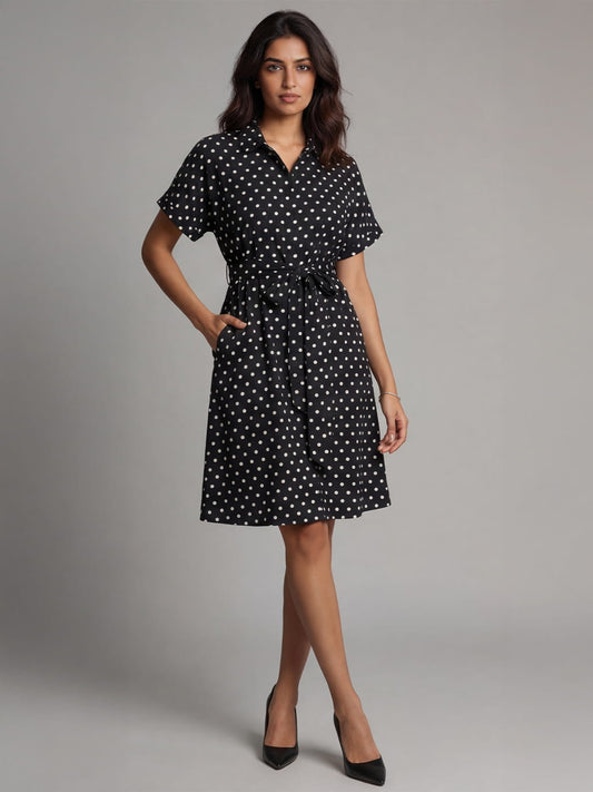 Exude Midnight Polka Tie knot dress