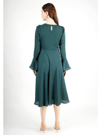 Exude Gleaming Fit & Flare Dress with Long Sleeves (Emerald Green) Exude Gleaming Fit & Flare Dress with Long Sleeves (Emerald Green)