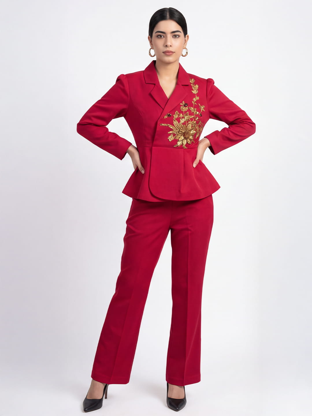 Exude Scarlet Bloom Embroidered Blazer Set