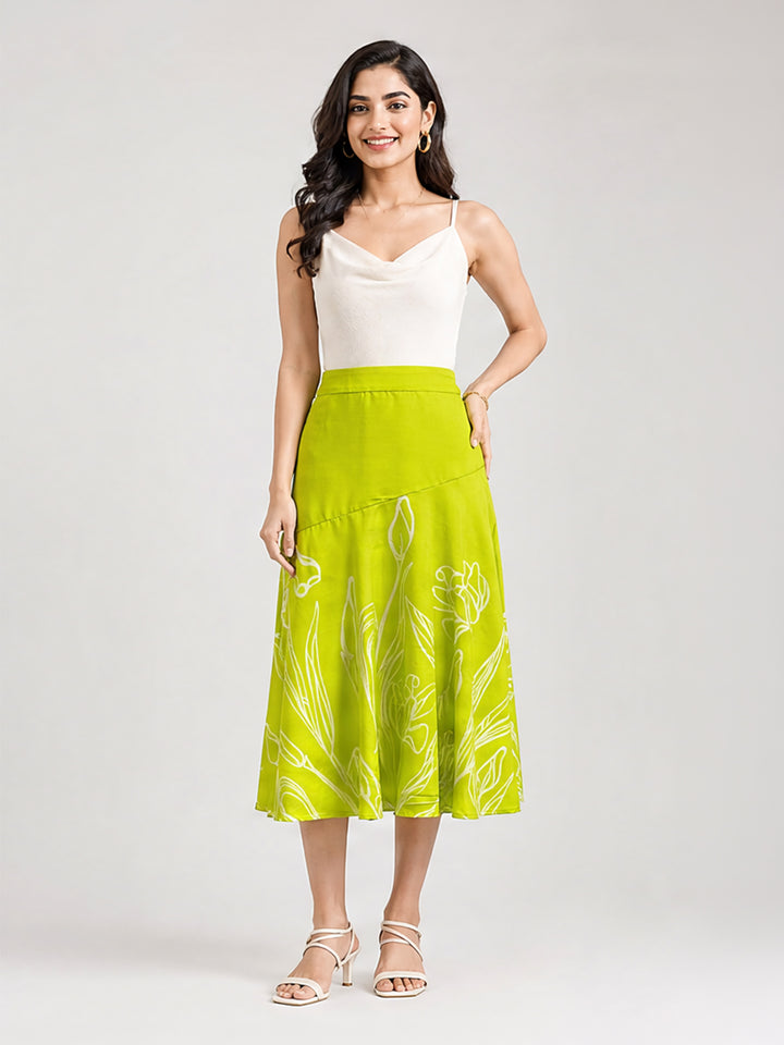 Lime Green Floral Line Art A-Line Midi Skirt