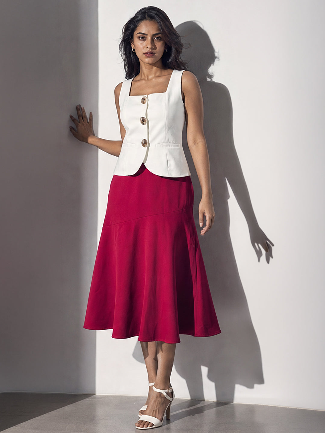 White Peplum Top &amp; Red Flared Midi Skirt Set