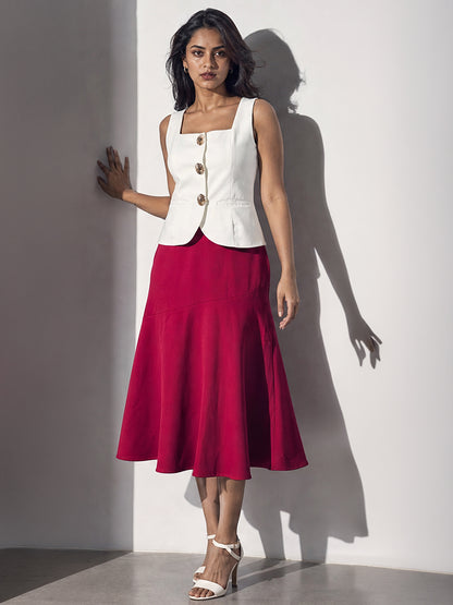 White Peplum Top &amp; Red Flared Midi Skirt Set