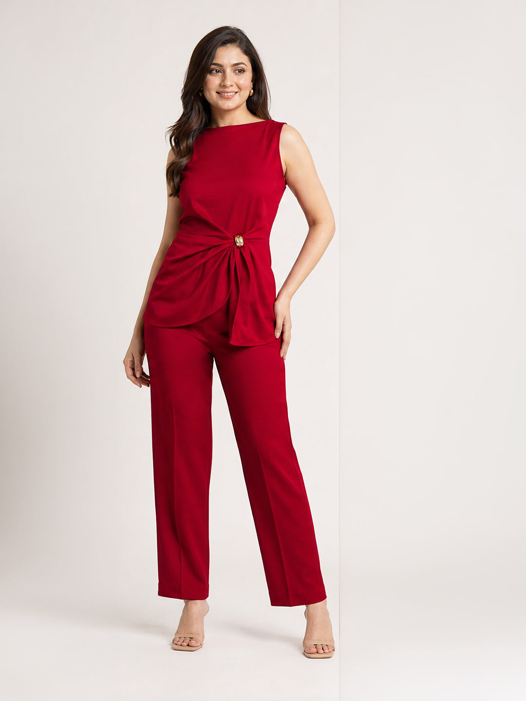 Crimson Knot-Front Top &amp; Trouser Set