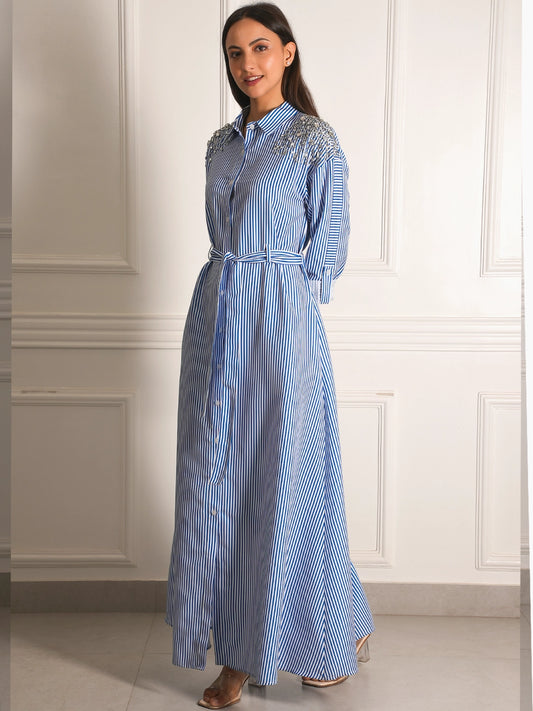 Exude Riviera Embellished Stripe Shirt Maxi Dress