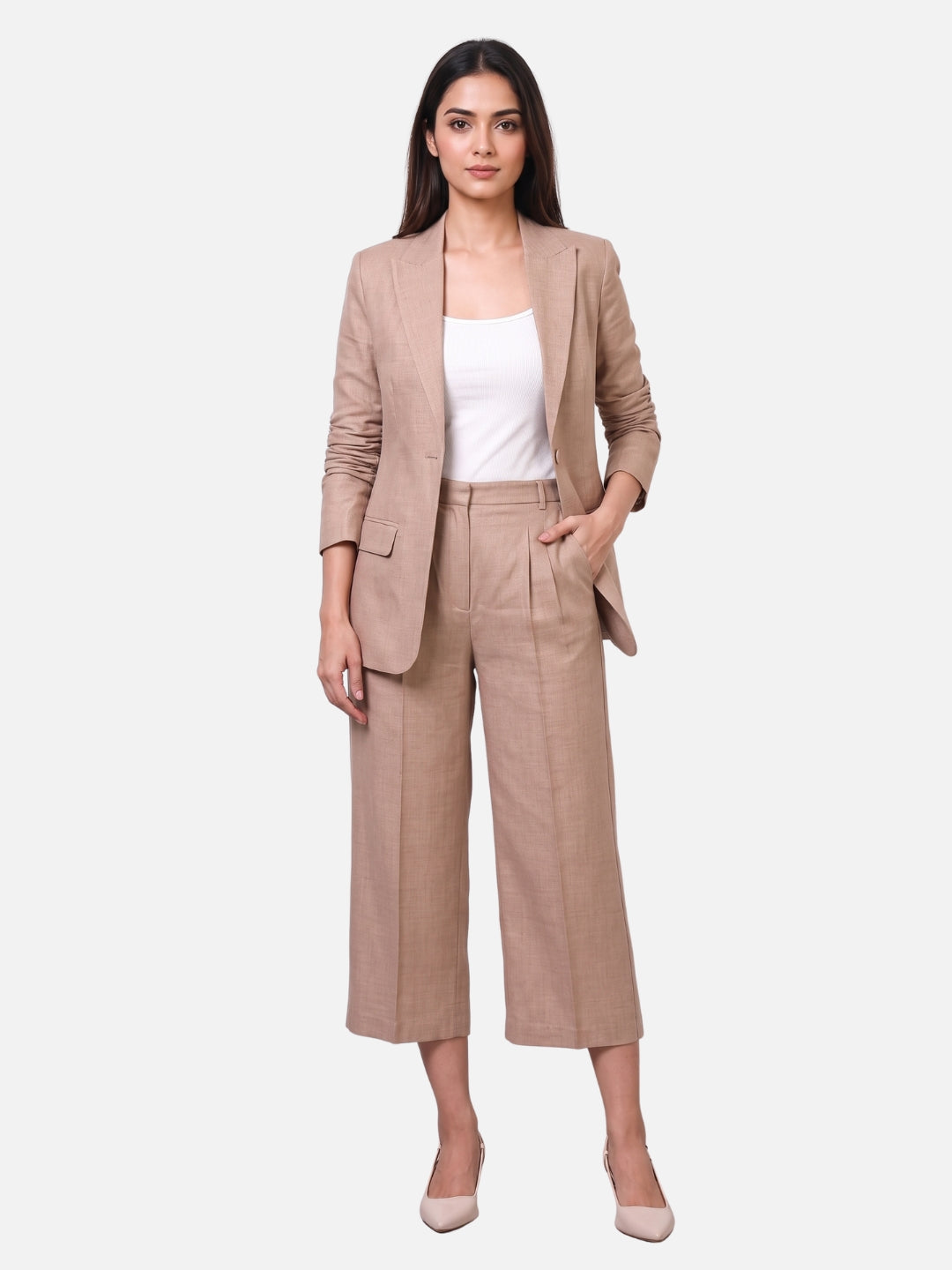 Exude Beige Linen Blazer &amp; Culottes Co-ord Set