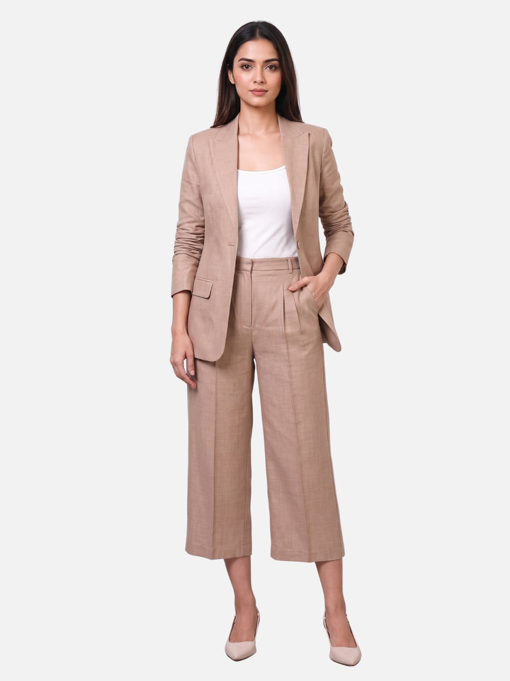 Exude Beige Linen Blazer & Culottes Co-ord Set