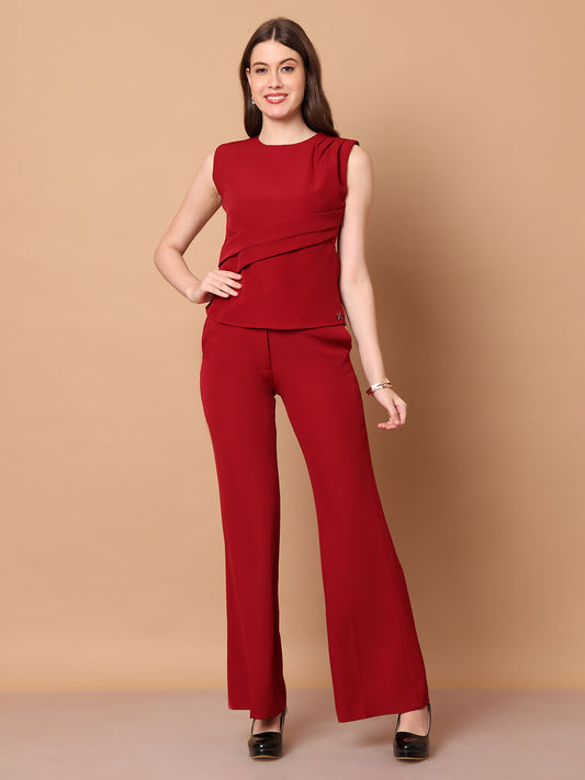 Exude Power in Motion Side and Shoulder Pleat Top Paired with Bootcut Trousers (Red)