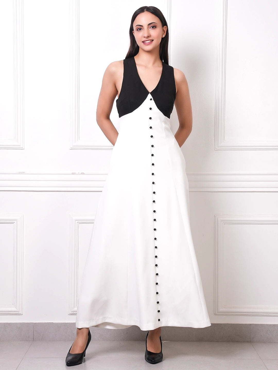 EXUDE Monochrome Button-Down Maxi Dress