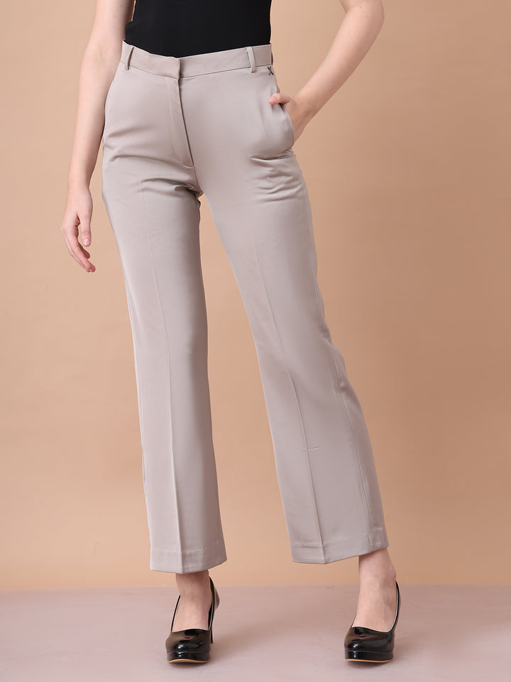 Exude Soulful Styles Straight Fit Matt Satin Trouser Light Beige Trouser