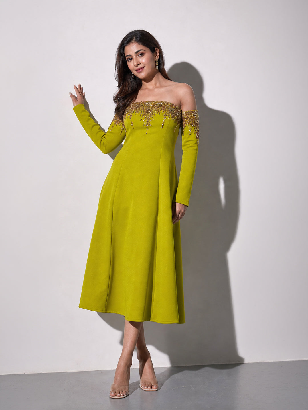 Lime Green Off-Shoulder Embroidered Dress