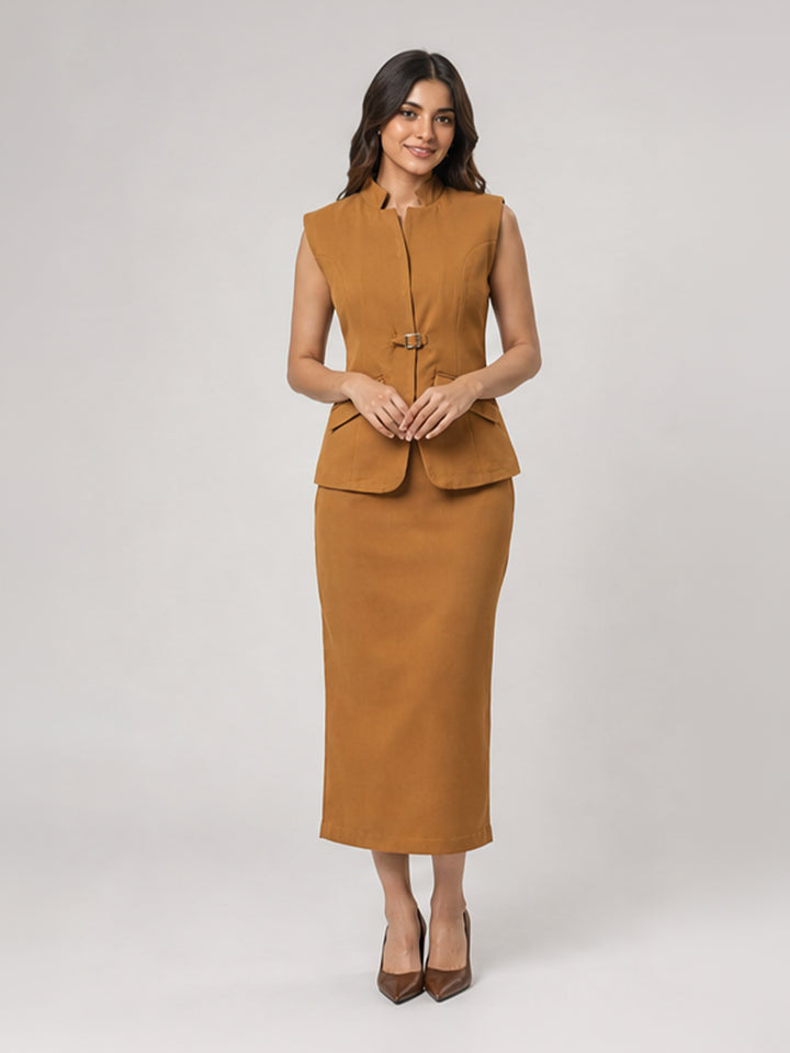 Buckle-Detail Peplum Top & Pencil Skirt Set