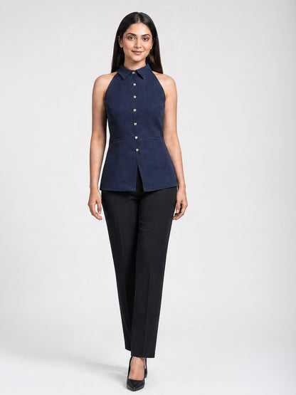 Navy Blue Halter Neck Button-Down Top