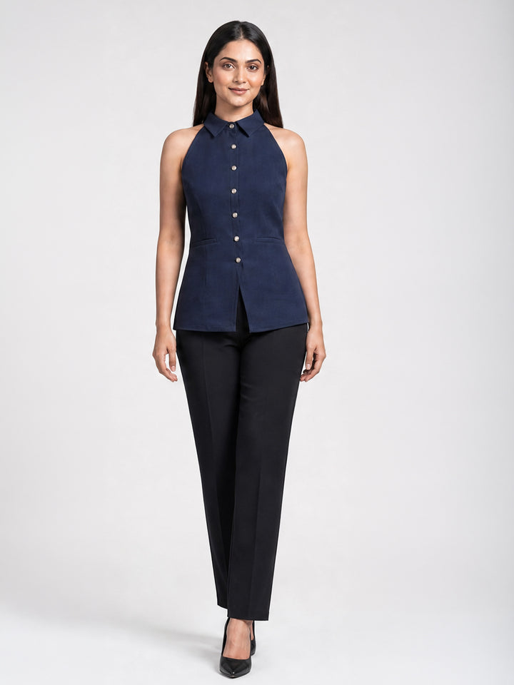 Navy Blue Halter Neck Button-Down Top