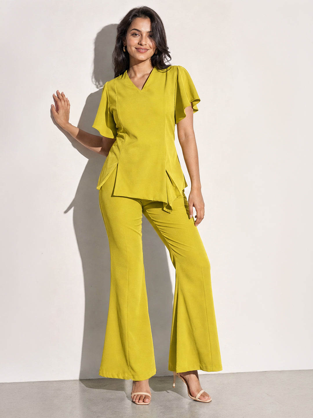 Lime Green Flutter Sleeve Top &amp; Flared Pants Co-ord Set