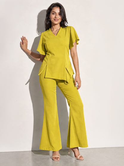 Lime Green Flutter Sleeve Top &amp; Flared Pants Co-ord Set