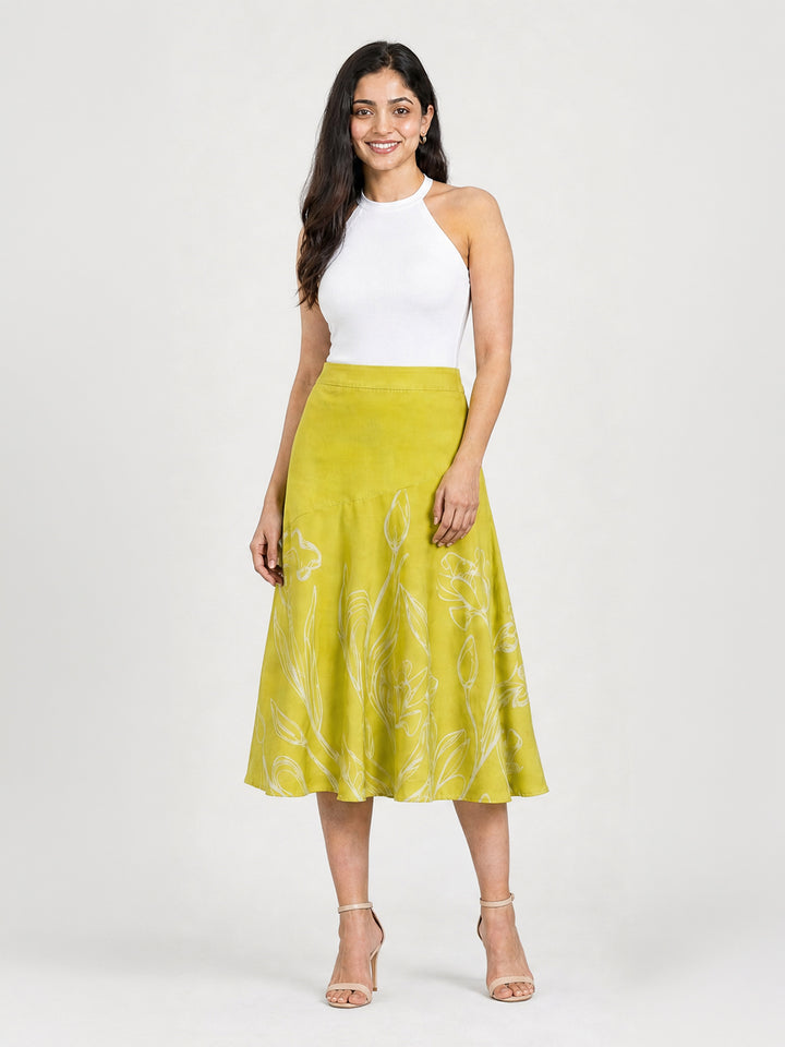 Lime Green Floral Line Art A-Line Midi Skirt