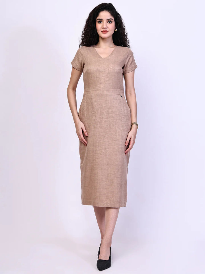 Exude Composure Sheath Midi Dress Beige Dresses