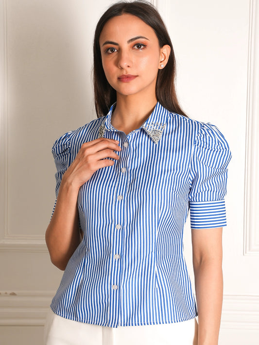 Blue & White Striped Crystal Collar Shirt