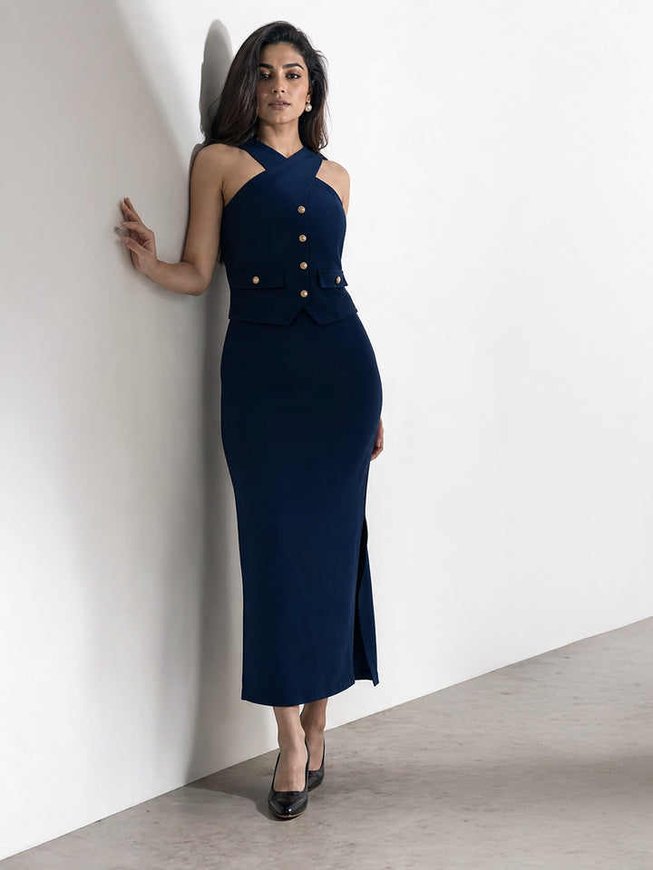 Exude Runway-Ready Long Skirt with Halter Top (Royal Blue)