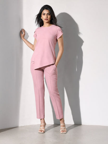 Exude Iconic Asymetrical Top with Straight Fit Trouser Co-ord (Dusty Pink)
