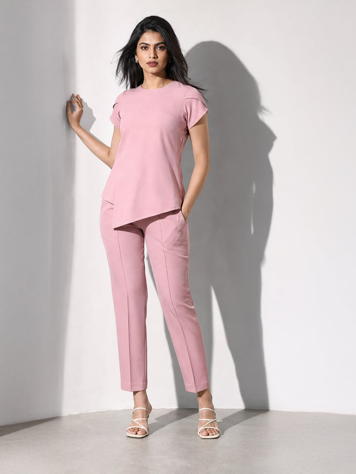 Exude Iconic Asymetrical Top with Straight Fit Trouser Co-ord (Dusty Pink)