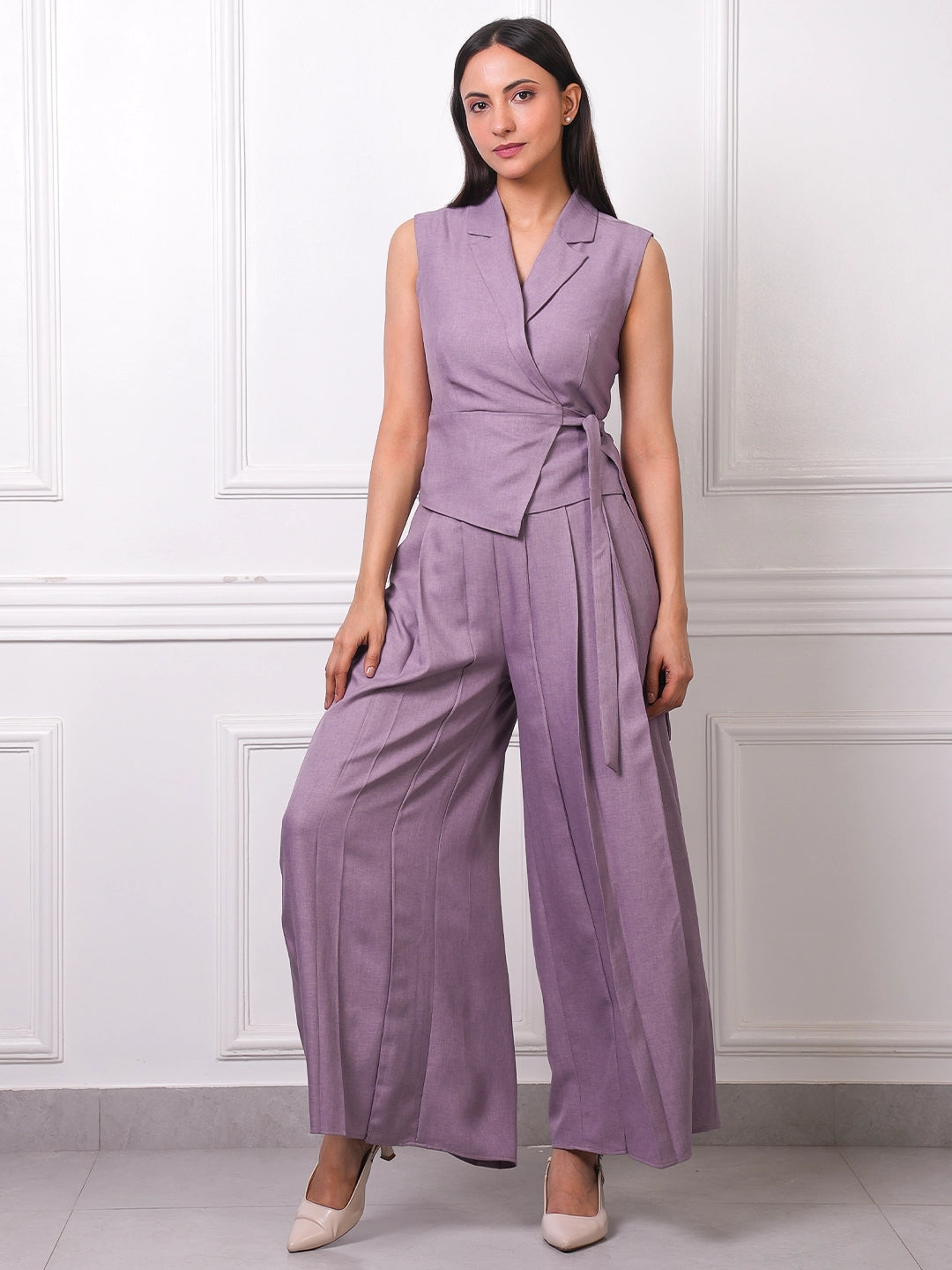 Lilac Linen Wrap Vest & Wide-Leg Pants Co-ord Set
