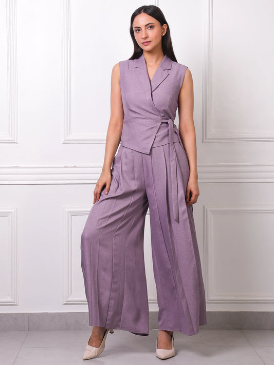 Lilac Linen Wrap Vest & Wide-Leg Pants Co-ord Set