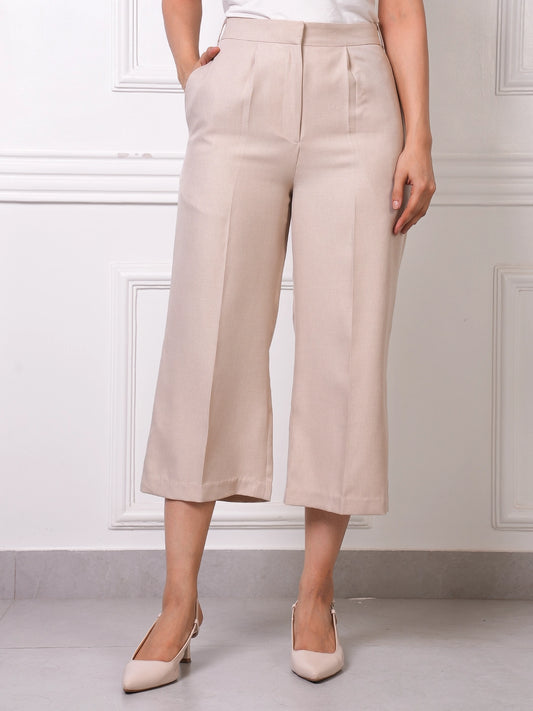 Beige Linen Blend High-Waist Pleated Culottes