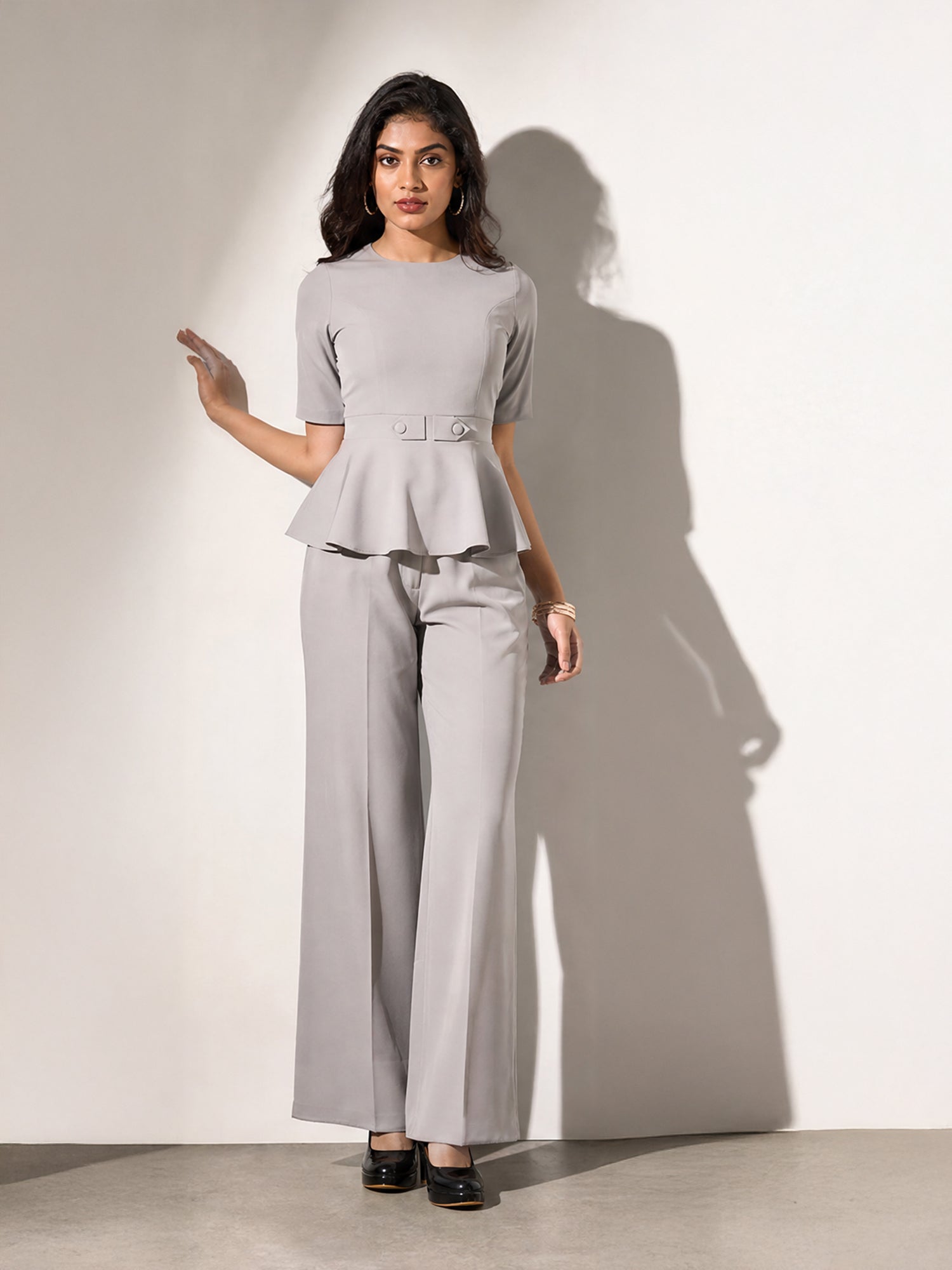 Exude Rise &amp; Roar A-Line Top with Waist Detail, Paired With Matching Bootcut Trouser (Grey)