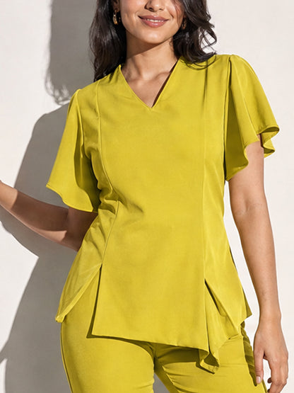 Lime Green Flutter Sleeve Asymmetric Top