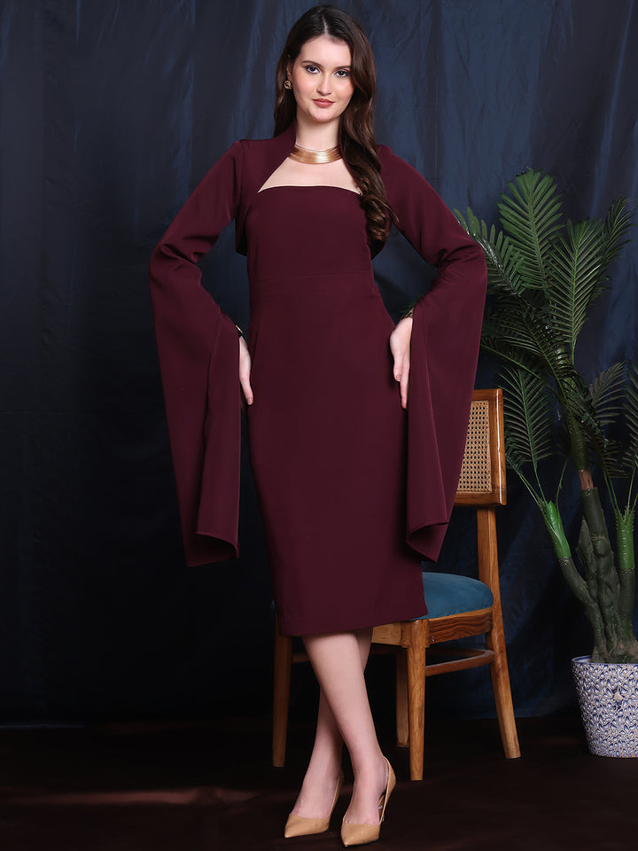 Exude Cosmic Couture 2 Piece Dress Set, Midi Dress With Shrug Blazer Wine 