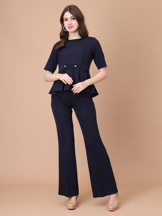 Exude Rise & Roar A-Line op with Waist Detail, Paired With Matching Bootcut Trouser (Navy)