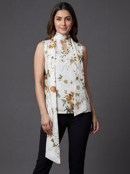 Ivory Floral Print Sleeveless Top with Attached Scarf