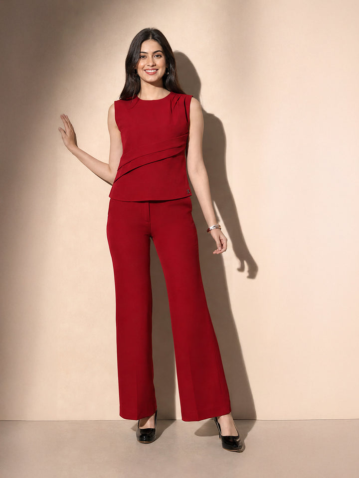 Exude Power in Motion Side and Shoulder Pleat Top Paired with Bootcut Trousers (Red)