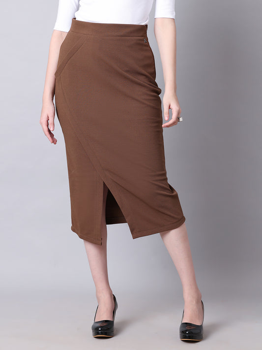 Exude Euphoria Pencil Midi Skirt with Front Slit (Coffee)