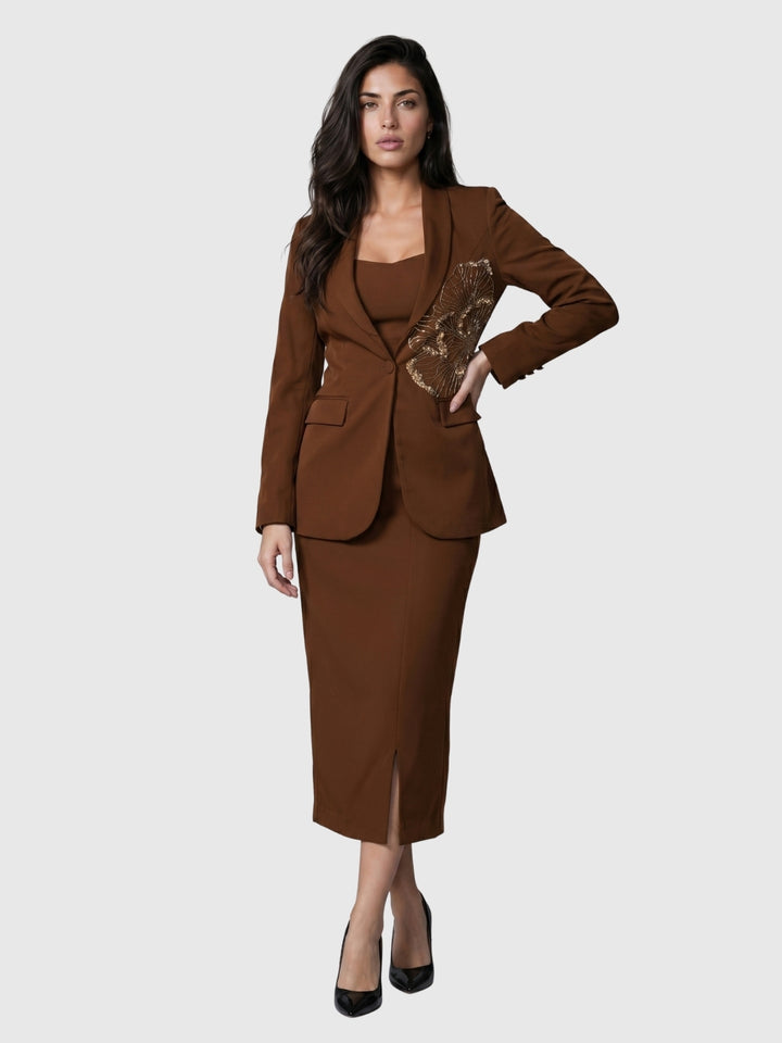 Exude Mocha Grace Embroidered Blazer Skirt Set