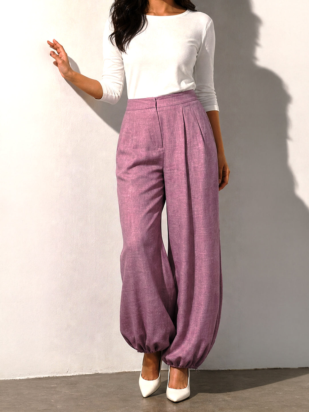 Mauve Textured Balloon-Fit Trousers