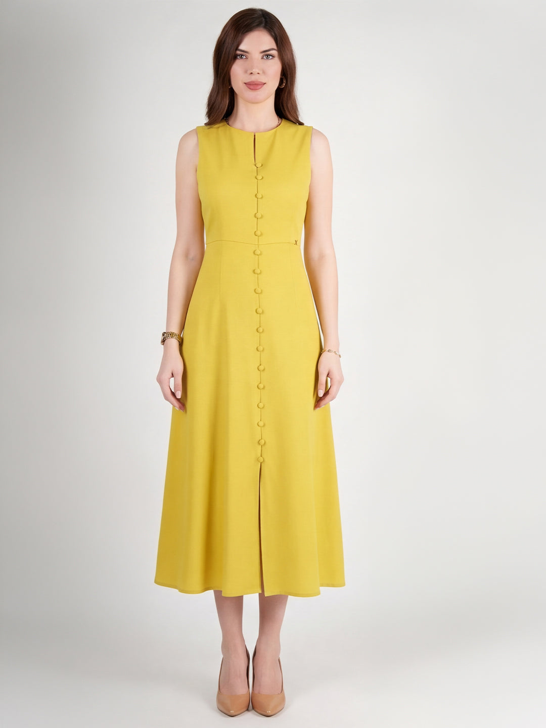 Exude Glowing Front Button Dress With Pockets (Lime Green)